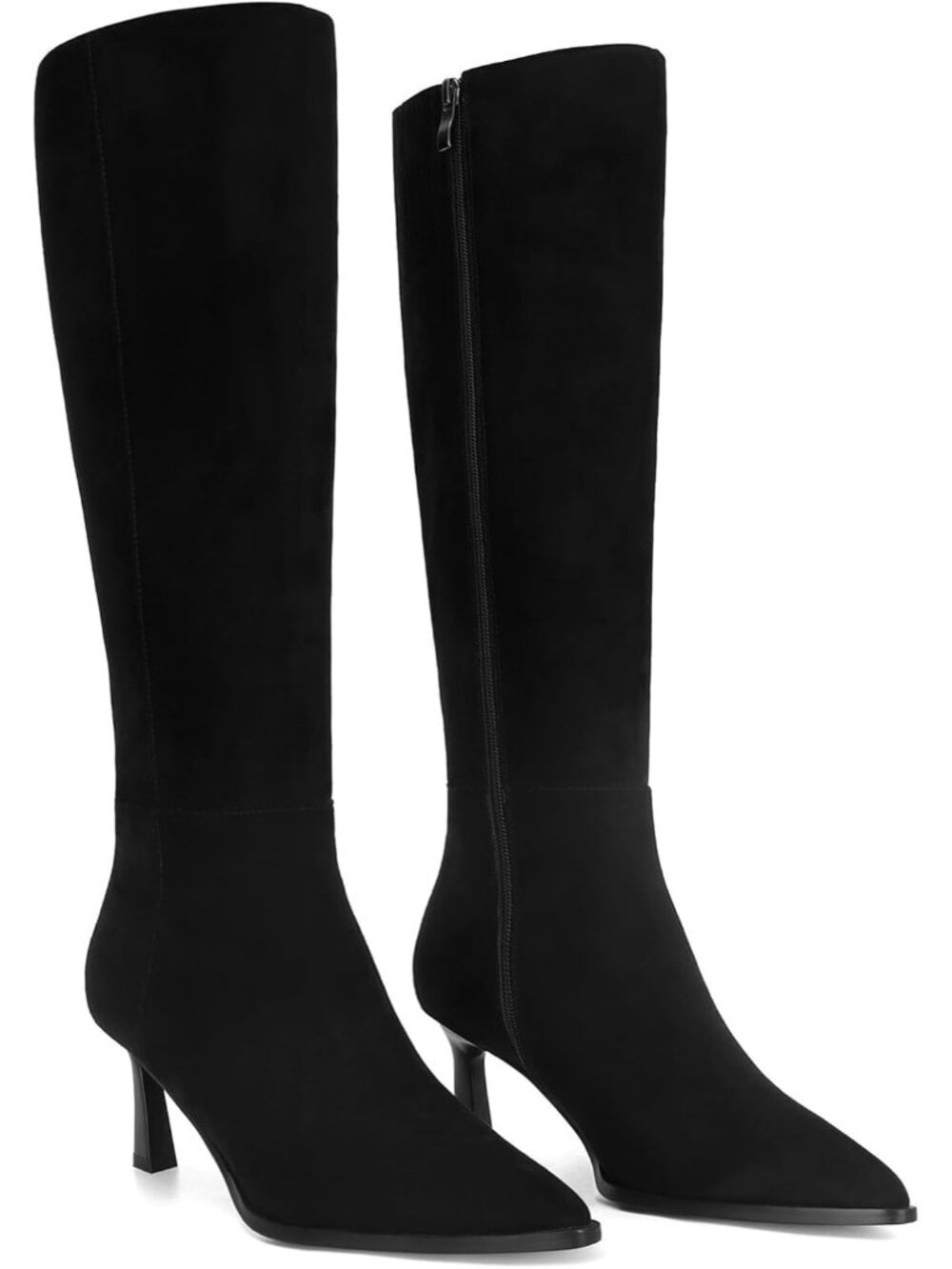 👢Women's Black Suede Knee High Boots Leather Tall Stiletto Kitten Heel Boots